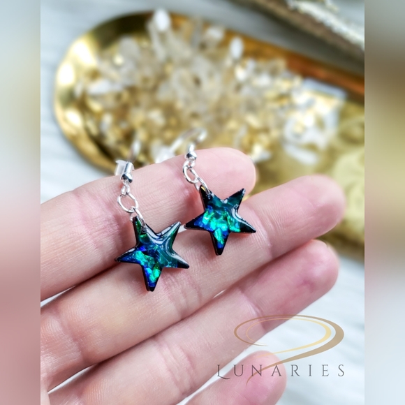 Holographic Color-Shifting Resin Star Earrings, Handmade - Picture 3 of 6